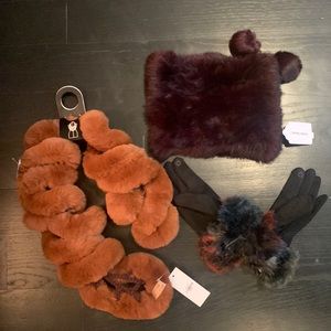 Winter accessories. Tags on. Furry and soft hand warmer, scarf and gloves